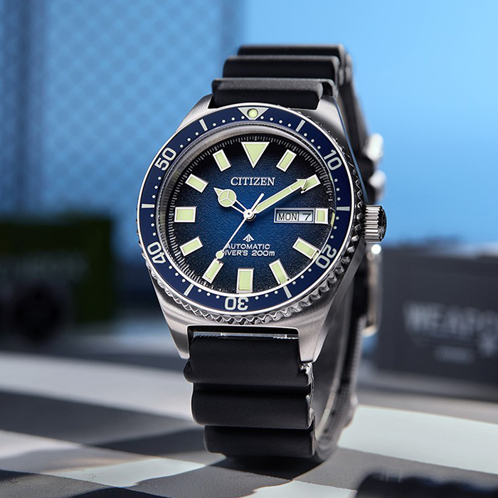 【CITIZEN】星辰 Promaster NY0129-07L 膠錶帶 機械男錶 兩百米潛水錶 藍/銀 41mm