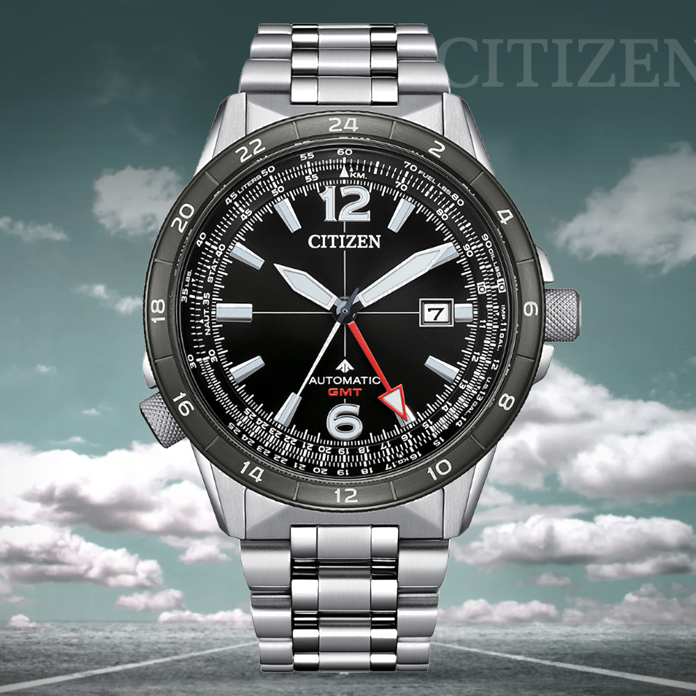 CITIZEN 星辰 PROMASTER 飛行計算尺 GMT兩地時間機械錶-黑面44.5mm NB6046-59E