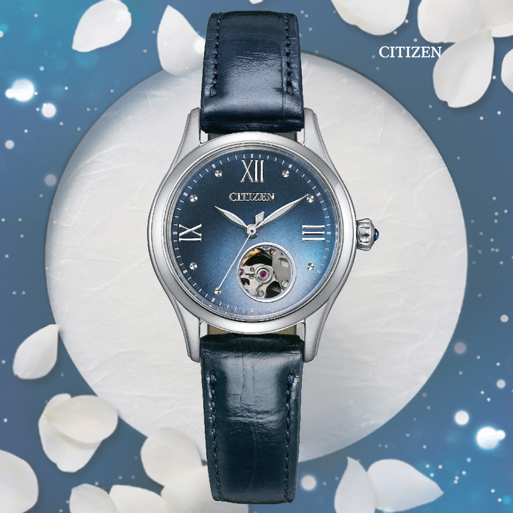 CITIZEN 星辰 LADYS 優雅羅馬字 小鏤空淑女機械錶-藍 皮錶帶28.5mm(PR1041-18N)