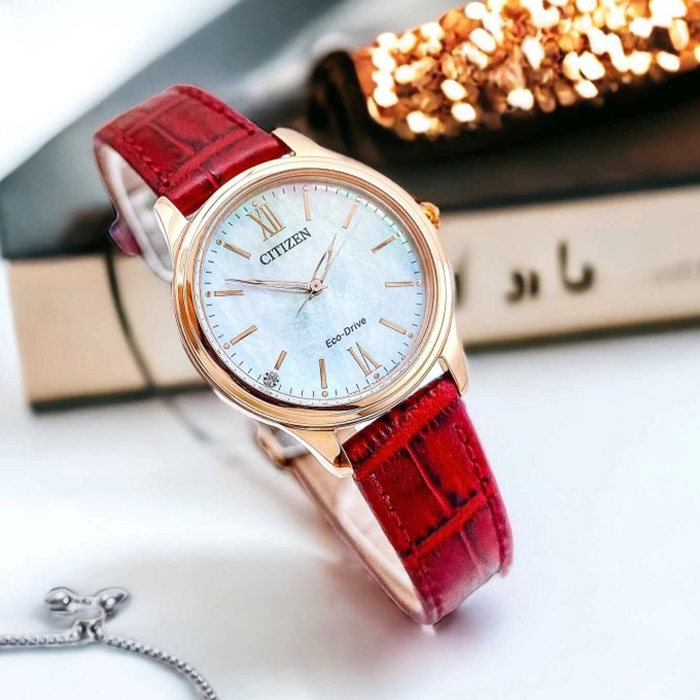 【CITIZEN】星辰 Eco-Drive光動能 EM0419-11D 羅馬字 藍寶石鏡面 皮錶帶女錶 玫瑰金 34mm
