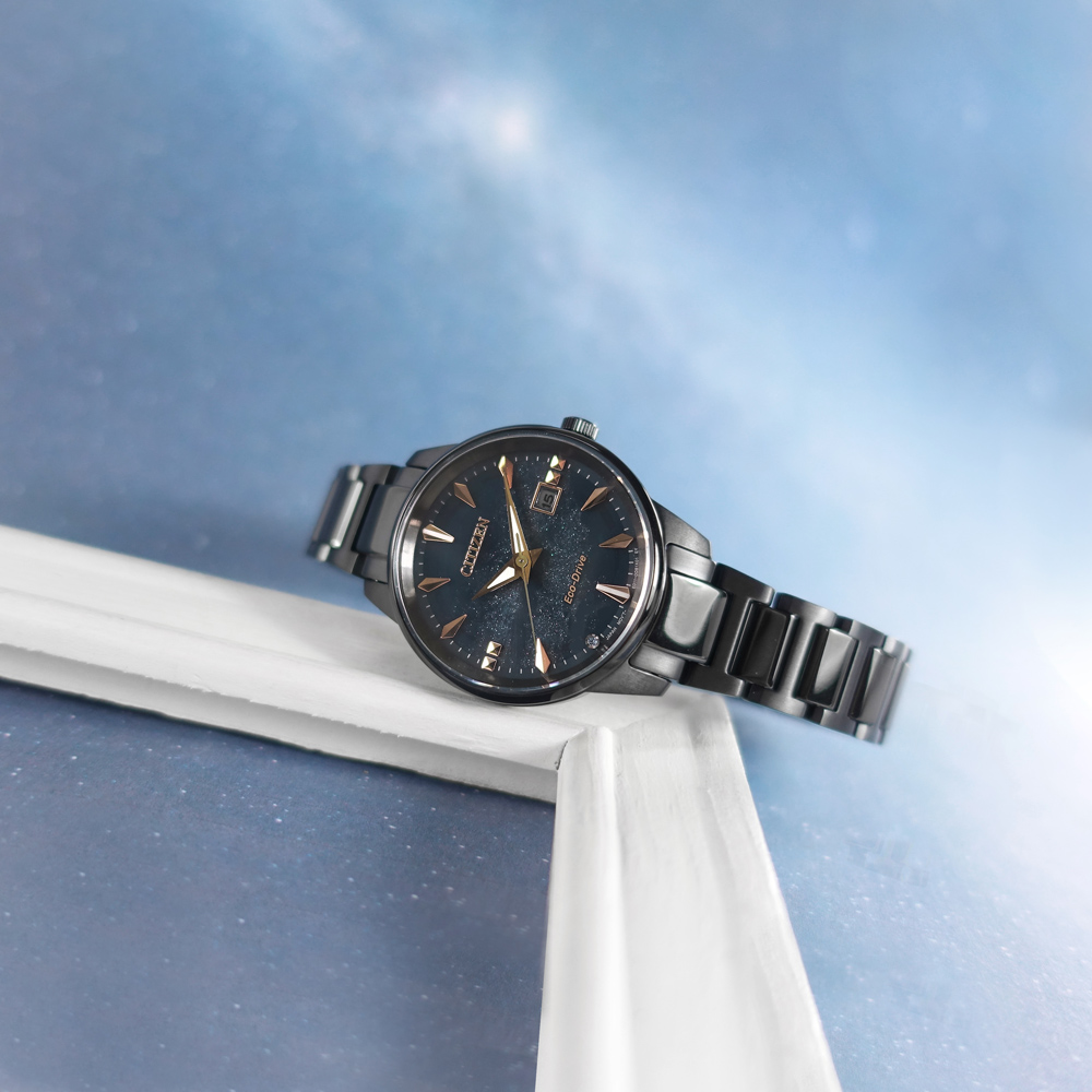 CITIZEN 星辰錶 /EW2595-81L/天川銀河限定款 光動能 藍寶石水晶玻璃 不鏽鋼女錶 藍x鍍黑 29mm