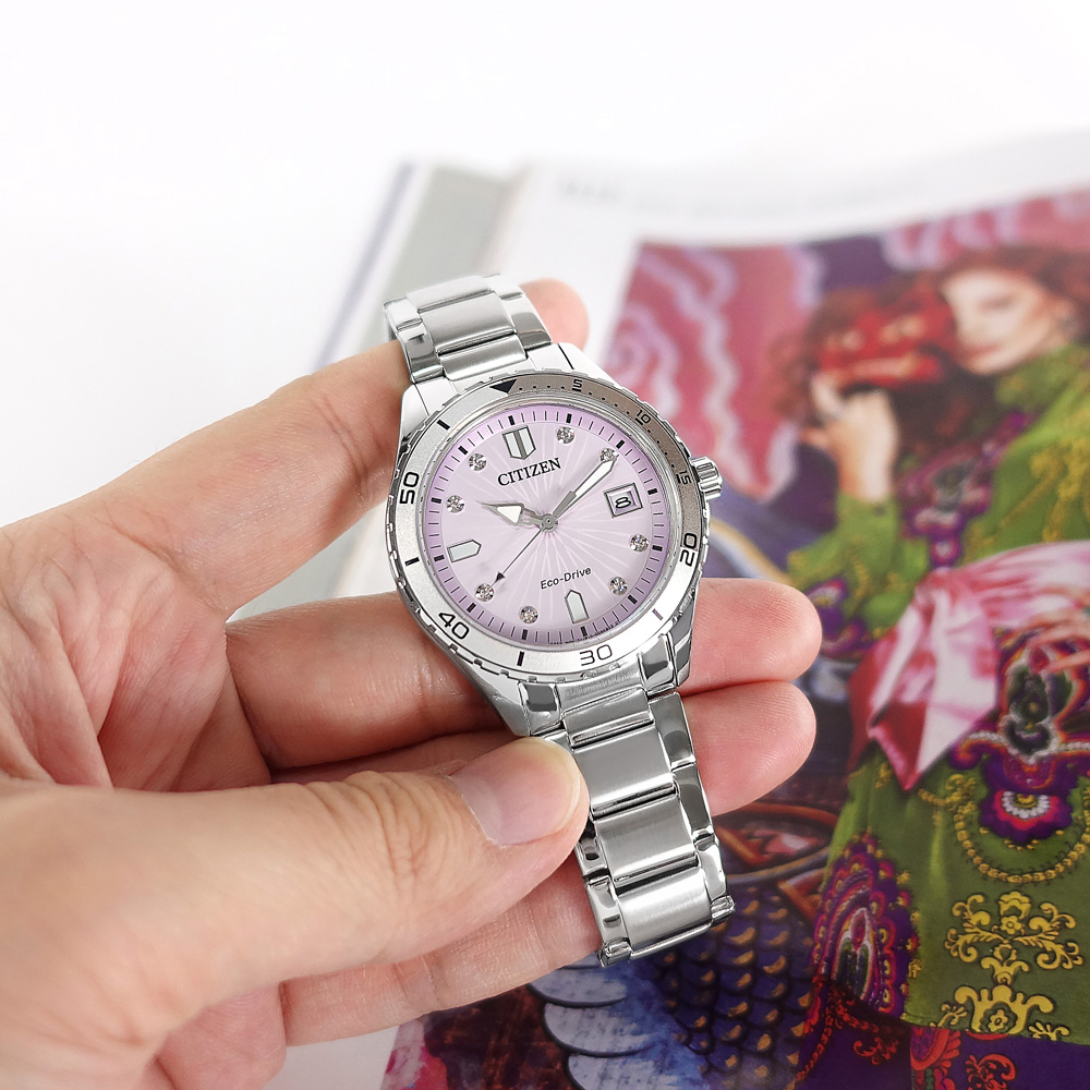 CITIZEN 星辰錶 / FE6170-88X / 光動能 放射狀 日期 防水100米 不鏽鋼手錶 粉色 37mm