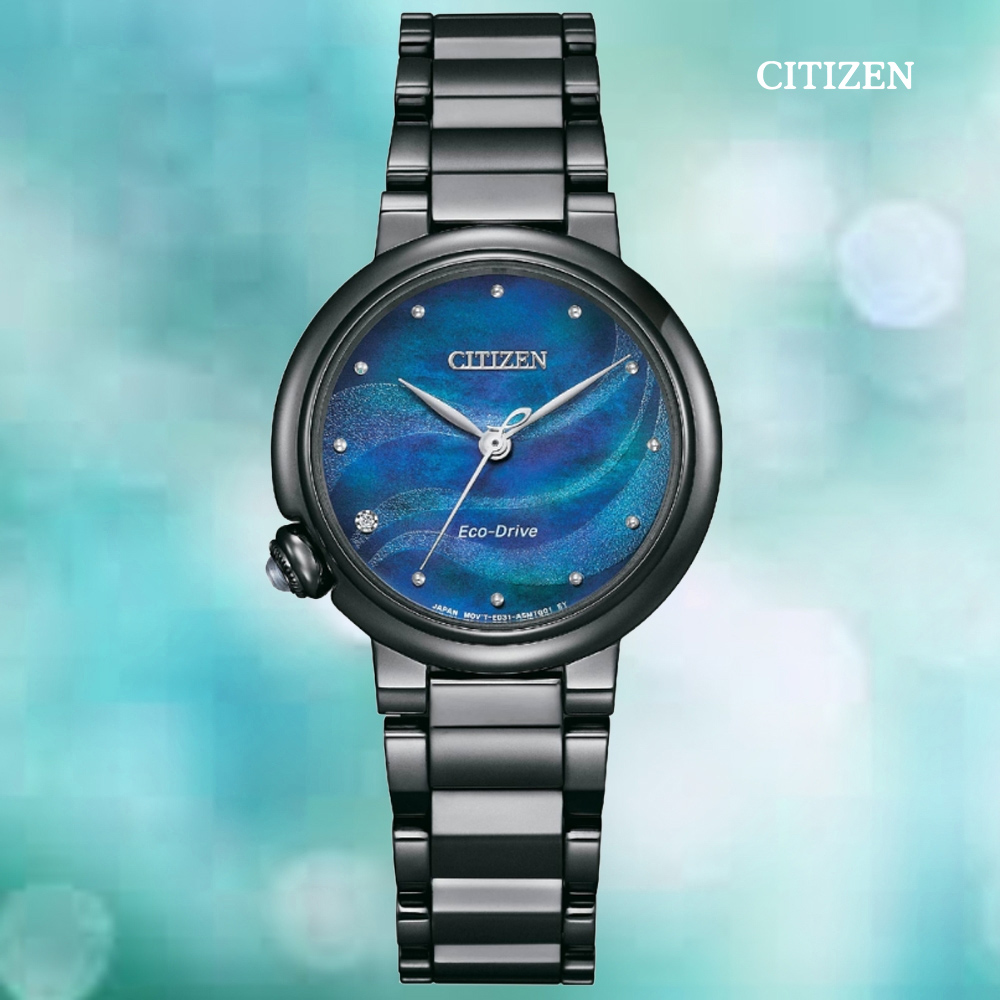 CITIZEN 星辰 L系列 光動能不鏽鋼白蝶貝真鑽淑女腕錶-藍黑30mm (EM0915-86N)