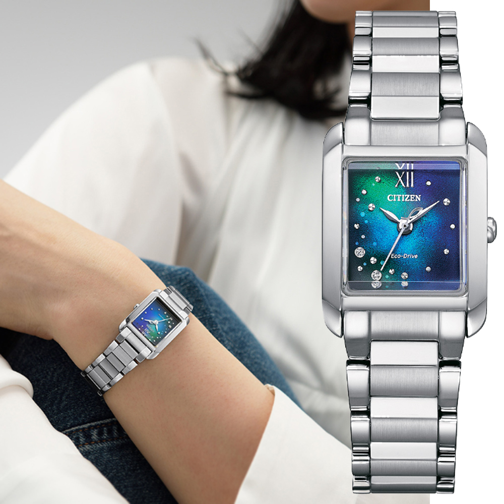 CITIZEN 星辰 L系列 千彩之海限定款 光動能 方形鑲鑽淑女腕錶-21.5x28.4mm(EW5591-60L)