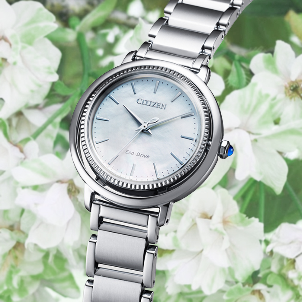 CITIZEN 星辰 L系列 廣告款 光動能 優雅白蝶貝銀色女腕錶 EM1100-84D