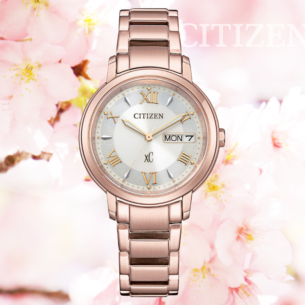 CITIZEN 星辰 xC 亞洲限定款 光動能 櫻花粉紅金腕錶-32.5mm EW2426-62A