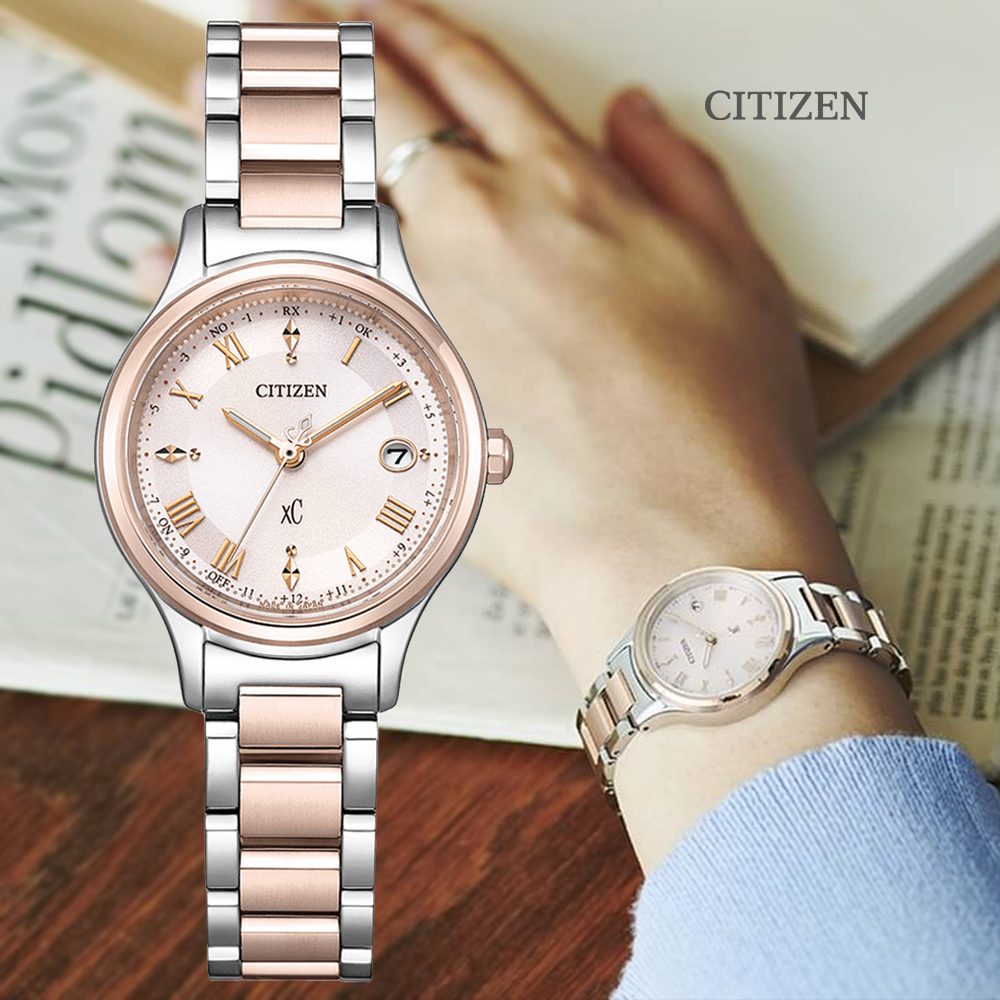 CITIZEN 星辰 xC 光動能 輕量鈦金屬 電波對時淑女腕錶-粉紅金27mm ES9496-64W