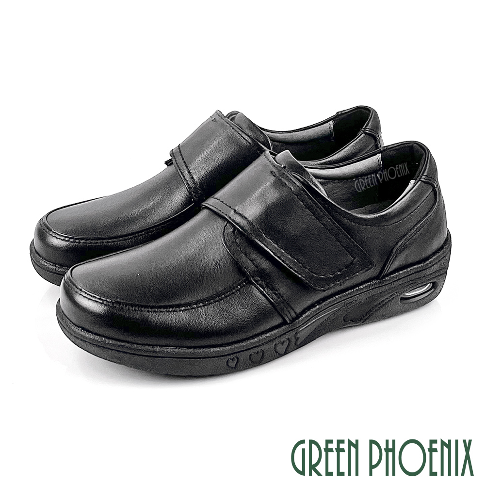 【GREEN PHOENIX 波兒德】女鞋 休閒鞋 氣墊鞋 全黑工作鞋 皮鞋 輕量 厚底 全真皮 沾黏式U60-20191