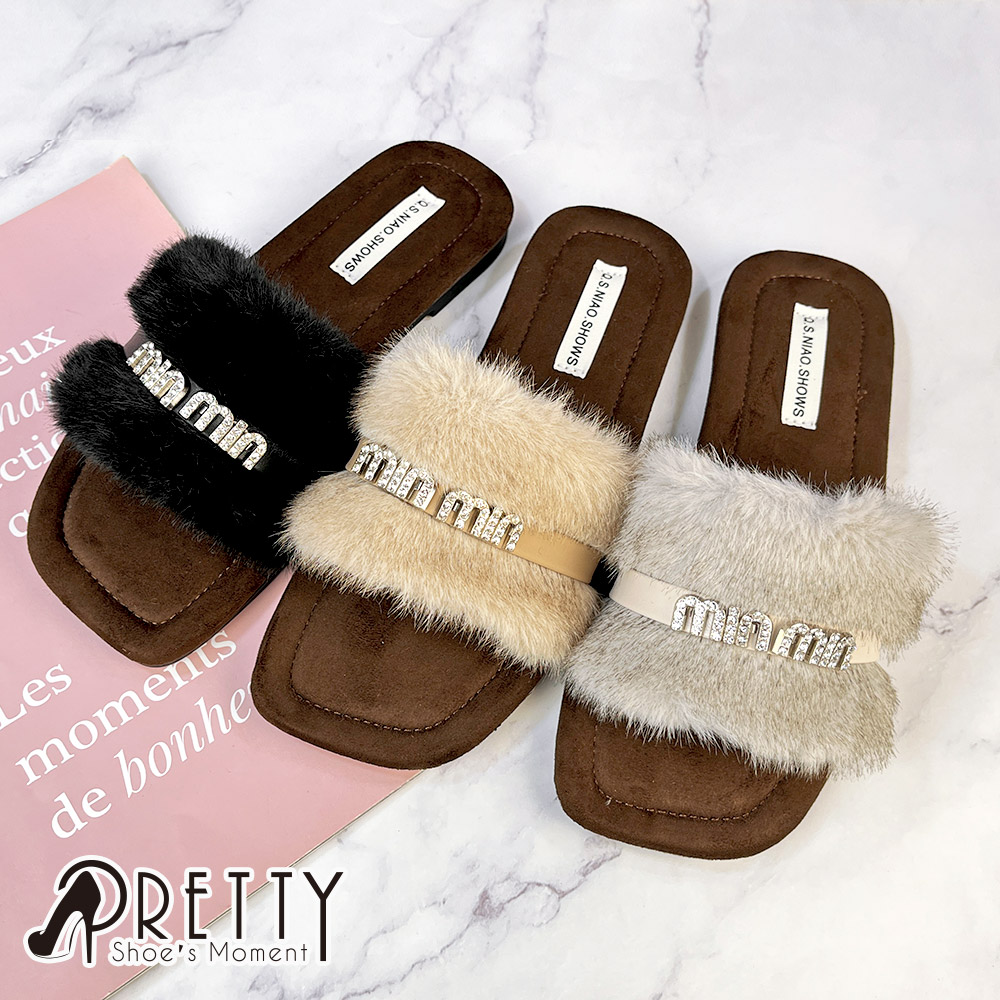 【Pretty】男女 拖鞋 毛毛拖鞋 保暖拖鞋 室內外 絨毛 方頭BA-2S888