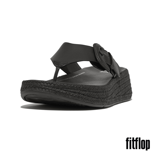 【FitFlop】F-MODE 草編調整式扣環皮革厚底夾腳涼鞋-女(黑色)