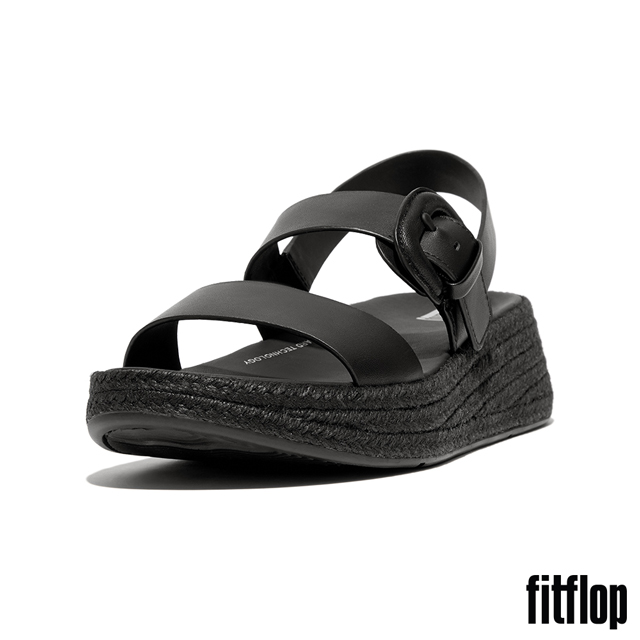 【FitFlop】F-MODE 草編扣環皮革厚底後帶涼鞋-女(黑色)