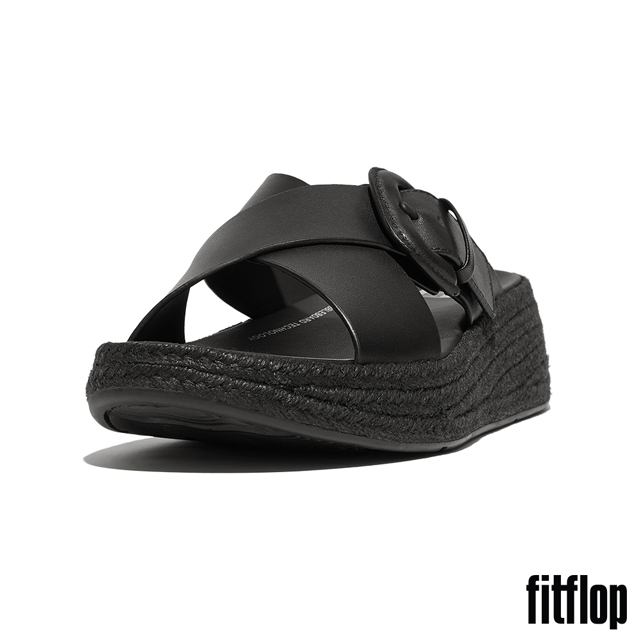 【FitFlop】F-MODE 草編扣環皮革厚底交叉涼鞋-女(黑色)