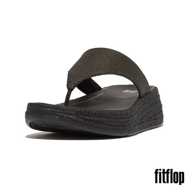 【FitFlop】F-MODE 草編亮片帆布厚底夾腳涼鞋-女(黑色)