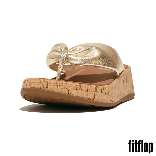 【FitFlop】F-MODE 軟木塞紋皮革扭紋厚底夾腳涼鞋-女(鉑金色)