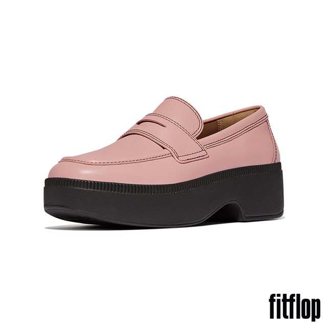 【FitFlop】F-LUMA 皮革方頭厚底樂福跟鞋-女(柔粉色)