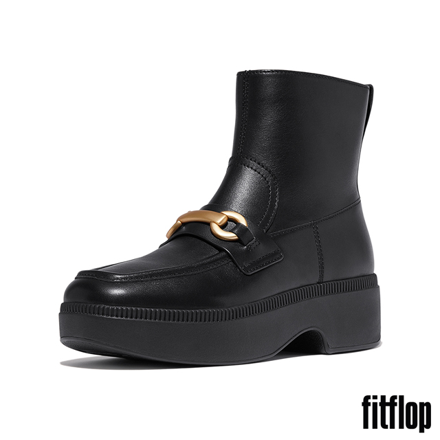 【FitFlop】F-LUMA 馬銜扣皮革方頭厚底踝靴-女(黑色)