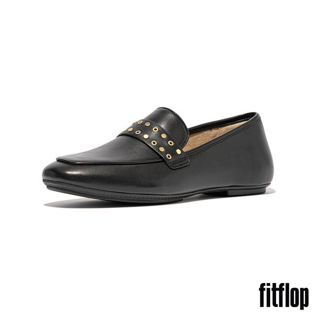 【FitFlop】DELICATO 鉚釘軟皮方頭樂福鞋-女(黑色)