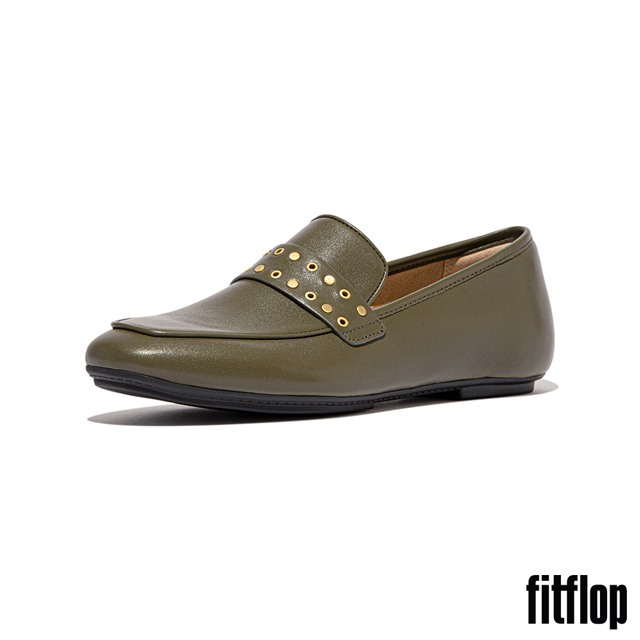 【FitFlop】DELICATO 鉚釘軟皮方頭樂福鞋-女(深橄欖色)