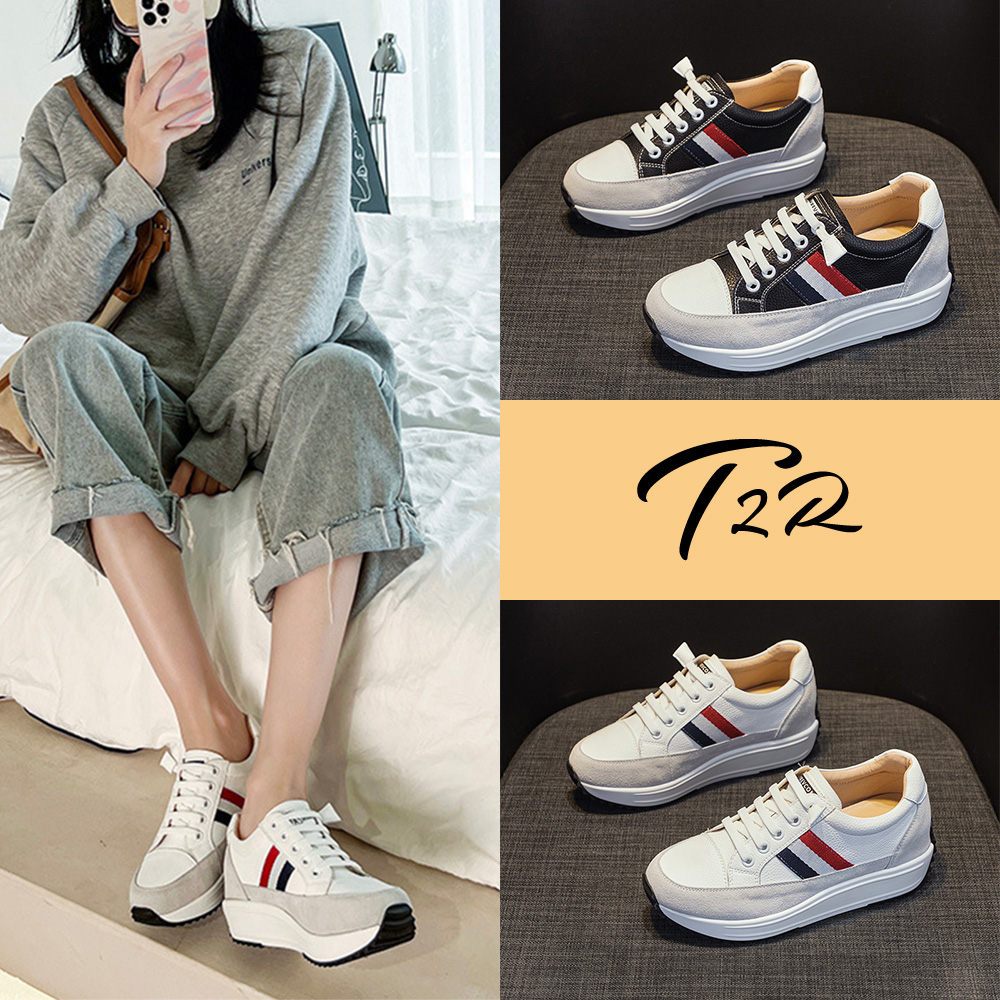 【T2R】正韓空運-拼色休閒百搭阿甘鞋厚底增高女鞋-增高約6公分-黑/米白(5985-2962/5985-2963)