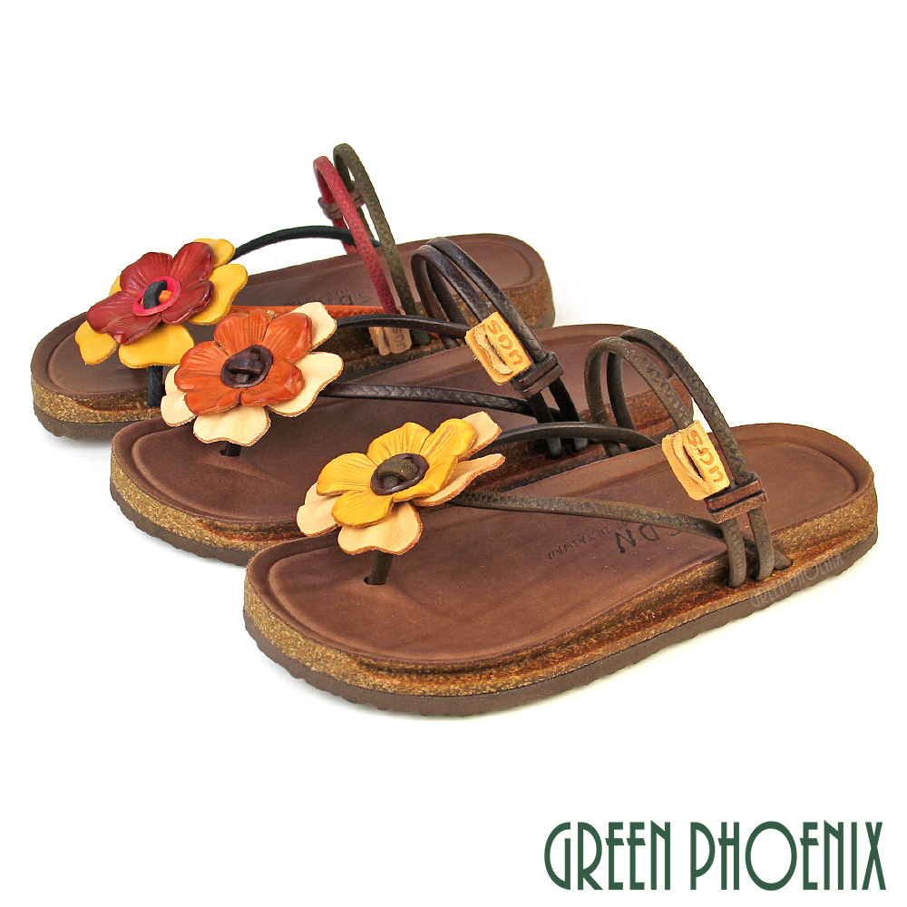 【GREEN PHOENIX 波兒德】女鞋 涼鞋 拖鞋 夾腳 全真皮 兩穿 花朵 手工 臺灣製U9-2A355