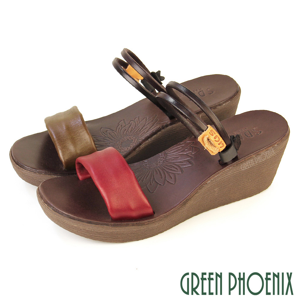 【GREEN PHOENIX 波兒德】女鞋 厚底 楔型 涼鞋 拖鞋 全真皮 兩穿 手工 臺灣製U9-20722