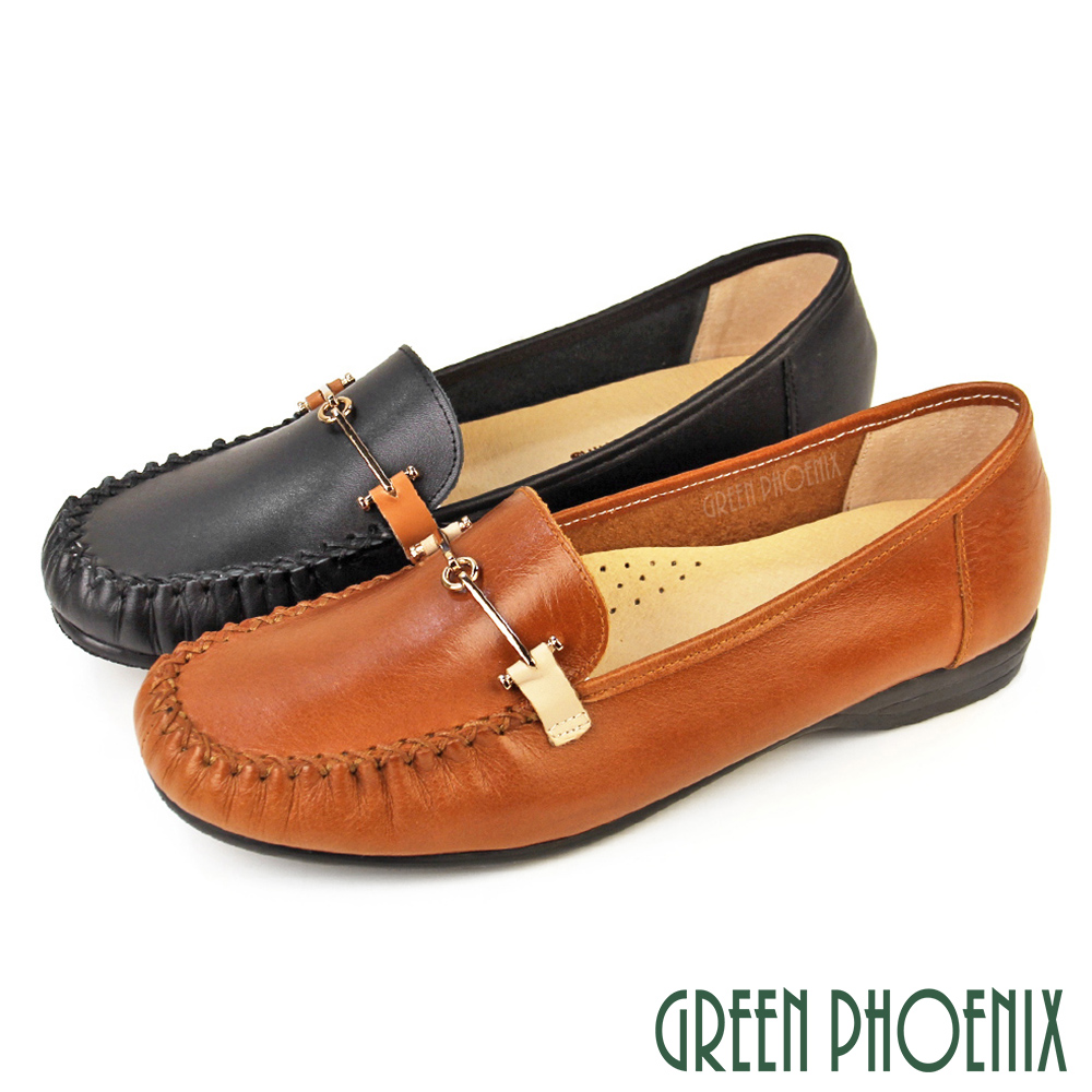 【GREEN PHOENIX 波兒德】女鞋 莫卡辛 休閒鞋 便鞋 平底鞋 馬銜釦 全真皮 臺灣製U33-20906