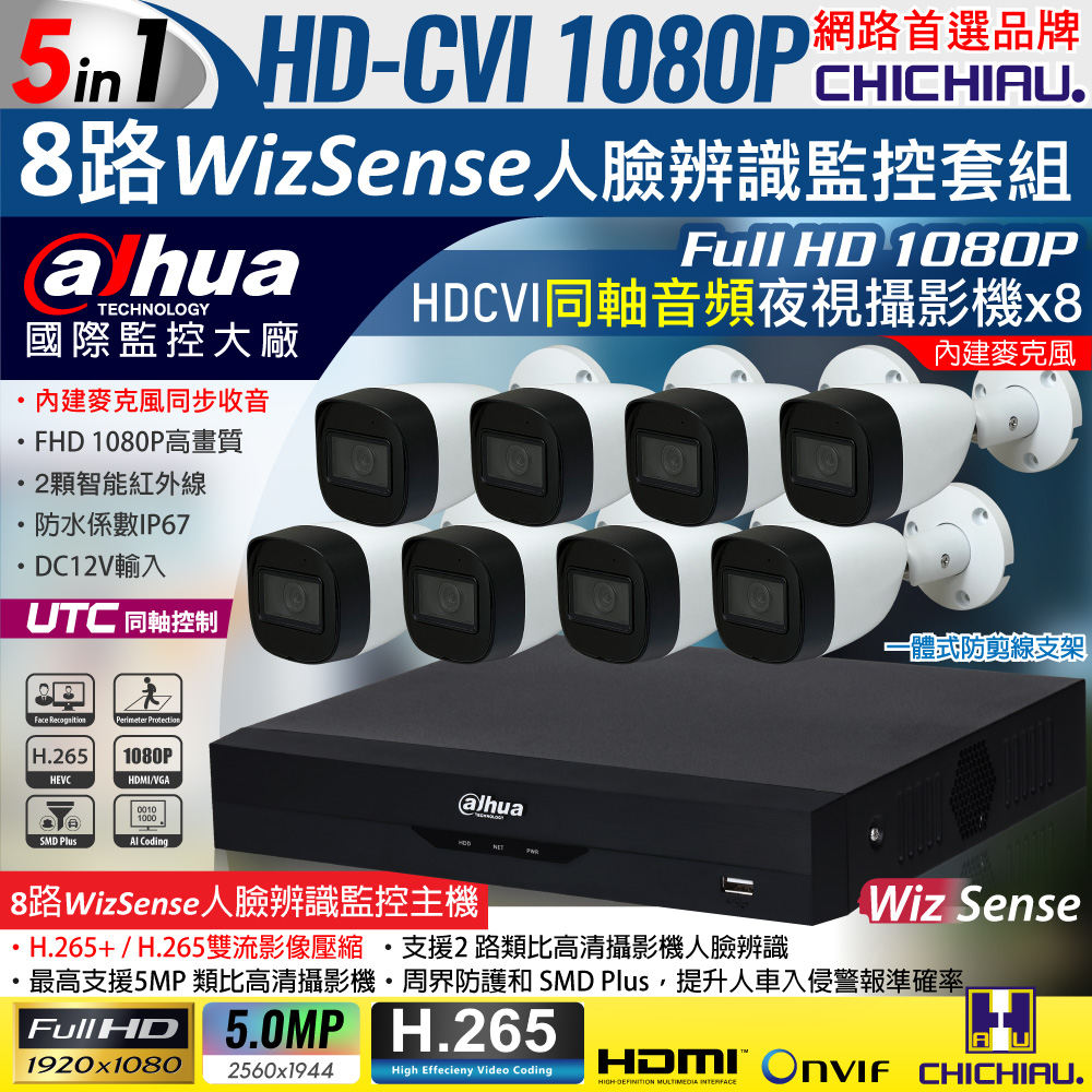 【CHICHIAU】Dahua大華 5MP 8路CVI 1080P數位遠端監控套組(含2MP同軸音頻紅外線攝影機x8)