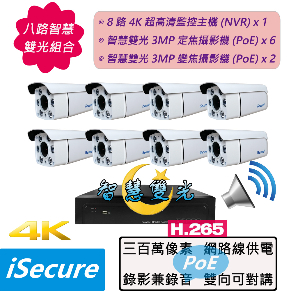 8路智慧雙光監視器組合:一部8路4K網路型監控主機+6部3MP定焦子彈型攝影機+2部3MP四倍變焦攝影機