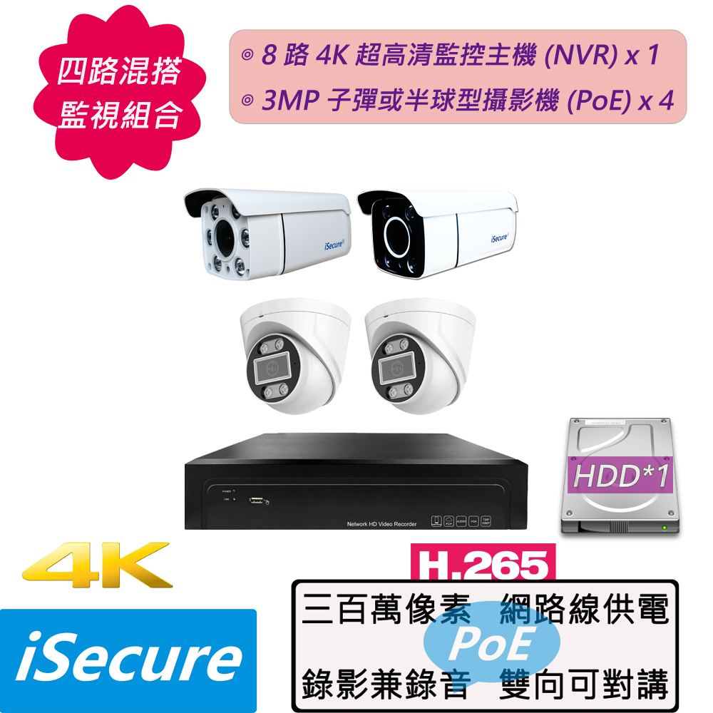 四路混搭監視器組合:一部八路 4K 網路型監控主機 (NVR)+四部 3MP 子彈或半球型攝影機 (PoE)