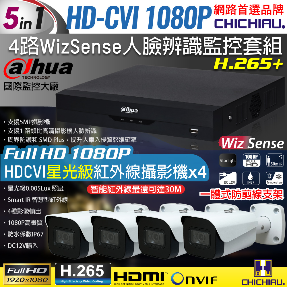 【CHICHIAU】Dahua大華 5MP 4路CVI 1080P數位遠端監控套組(含2MP星光級紅外線攝影機x4)