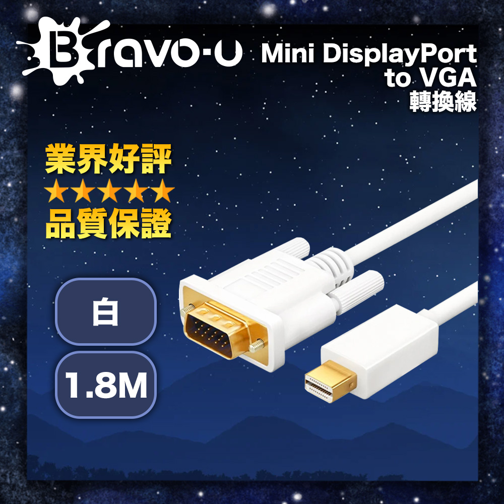 鍍金 Mini DisplayPort(公) to VGA(公) 轉換線(白)1.8米