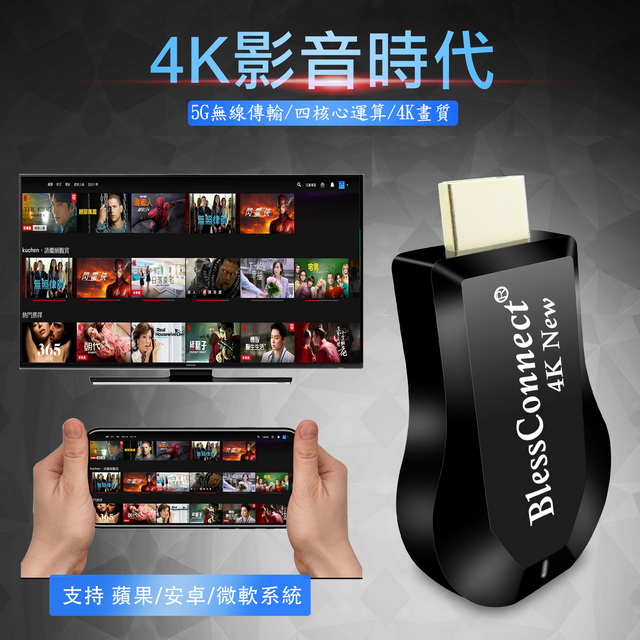 【4K New影音真享樂】四核心BlessConnect雙頻5G全自動無線HDMI影音鏡像器(送4大好禮)