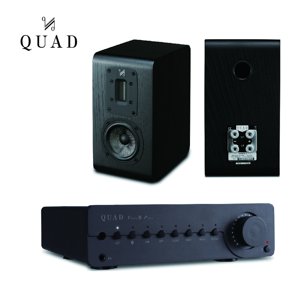 QUAD S1絲帶高音書架喇叭+Vena II PLA串流綜合擴大機-英倫典範經典黑套裝組