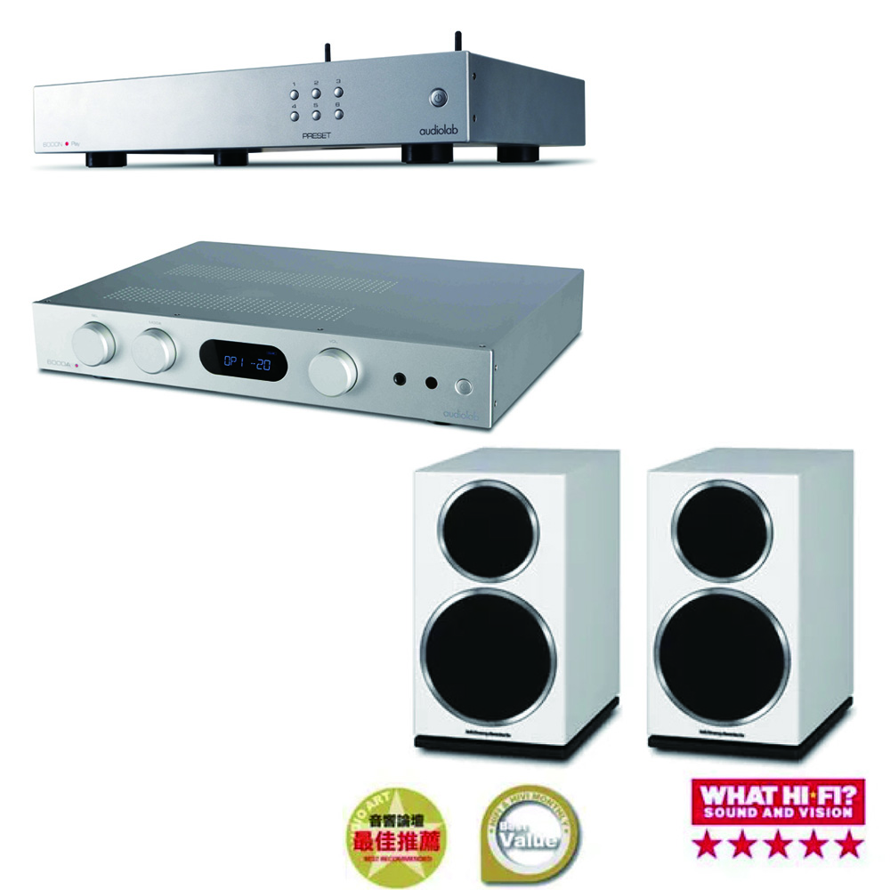 audiolab 6000N無線串流播放機+ 6000A綜合擴大機+Wharfedale英國 DIAMOND 220白色書架型喇叭 銀色組合