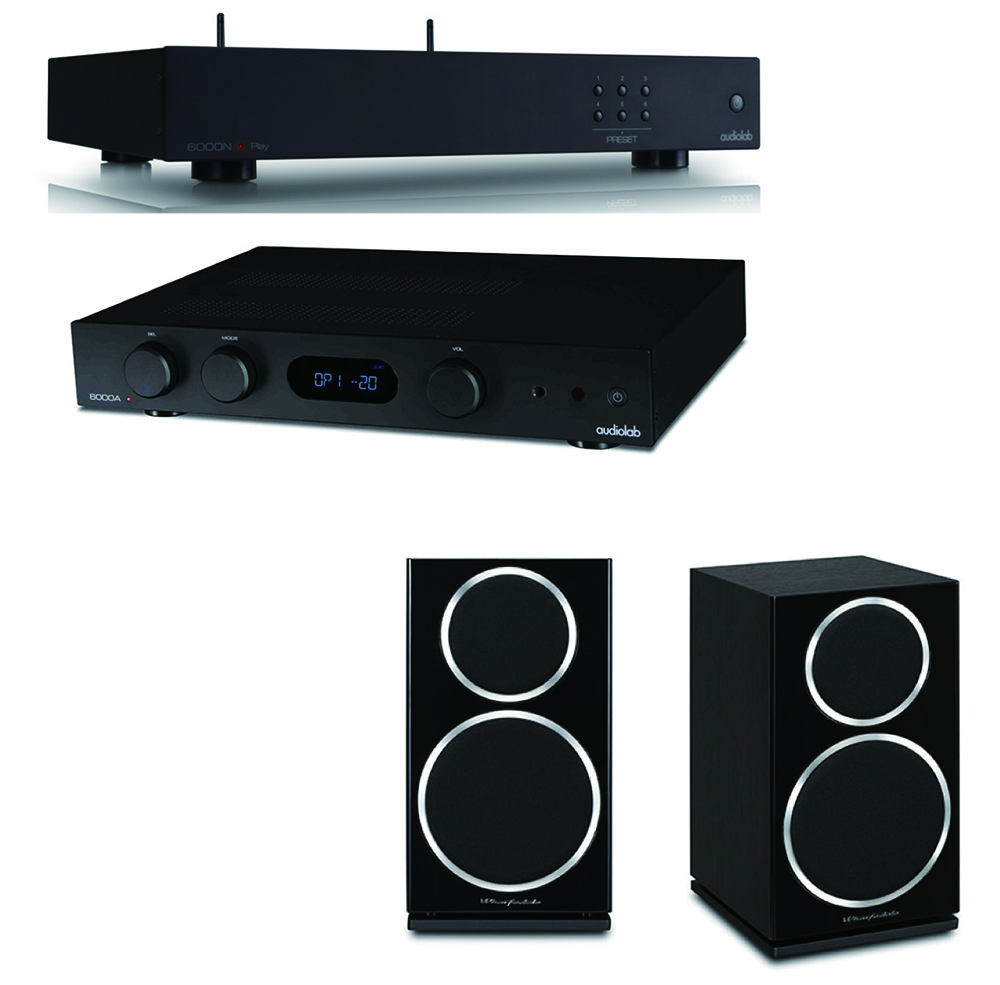 audiolab 6000N無線串流播放機+ 6000A綜合擴大機+Wharfedale英國 DIAMOND 220黑色書架型喇叭 黑色組合