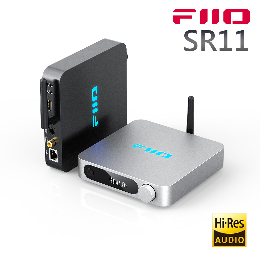 FiiO SR11 藍芽接收機，支援 2.4G Wi-Fi 無線網路與 1000Mbps 有線網路，完美串流高品質音樂。USB 輸出 PCM 最高 768kHz、DSD256，S/PDIF 同軸光纖輸出 PCM 192kHz。尺寸約 157x133x32mm，重量 380g，自訂 LCD 顯示，一年保固。中國原產，NCC 認證，適合 Hi-Fi 音響系統，提升您的音樂體驗。