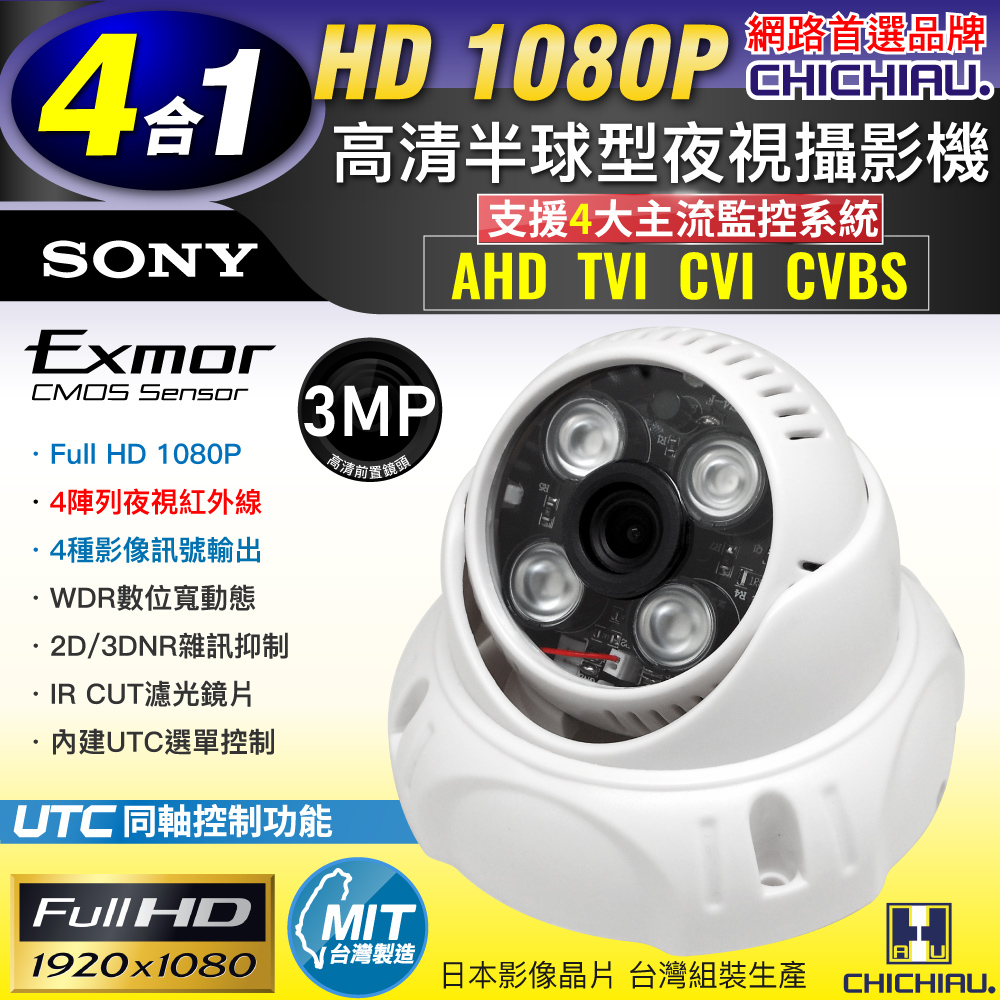 【CHICHIAU】四合一 AHD/TVI/CVI/CVBS 1080P SONY 200萬畫素數位高清4陣列燈半球型攝影機 4mm