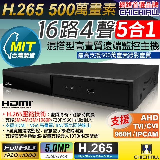 【CHICHIAU】H.265 5MP 16路4聲 1080P五合一混搭型數位遠端網路監控錄影主機