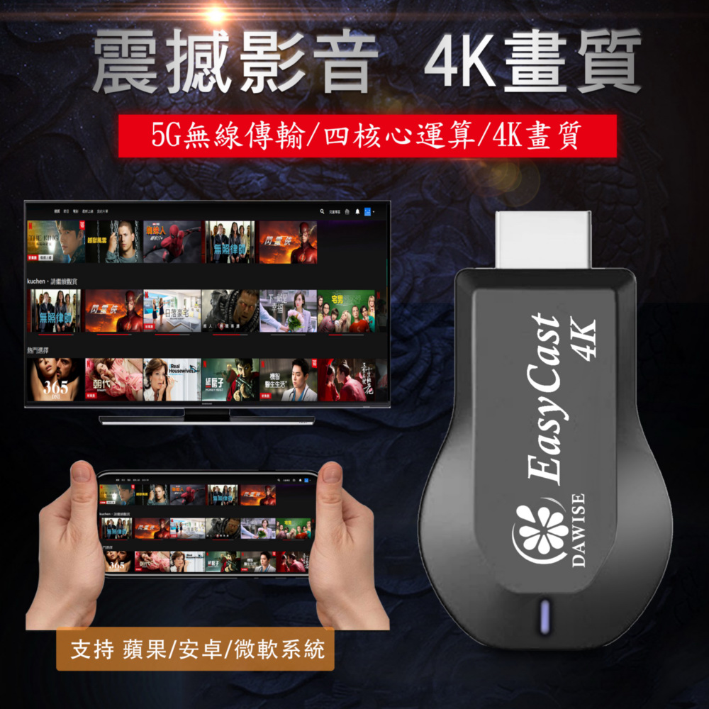 【4K四核心影音震撼】EasyCast雙頻5G全自動無線HDMI影音電視棒(附4大好禮)