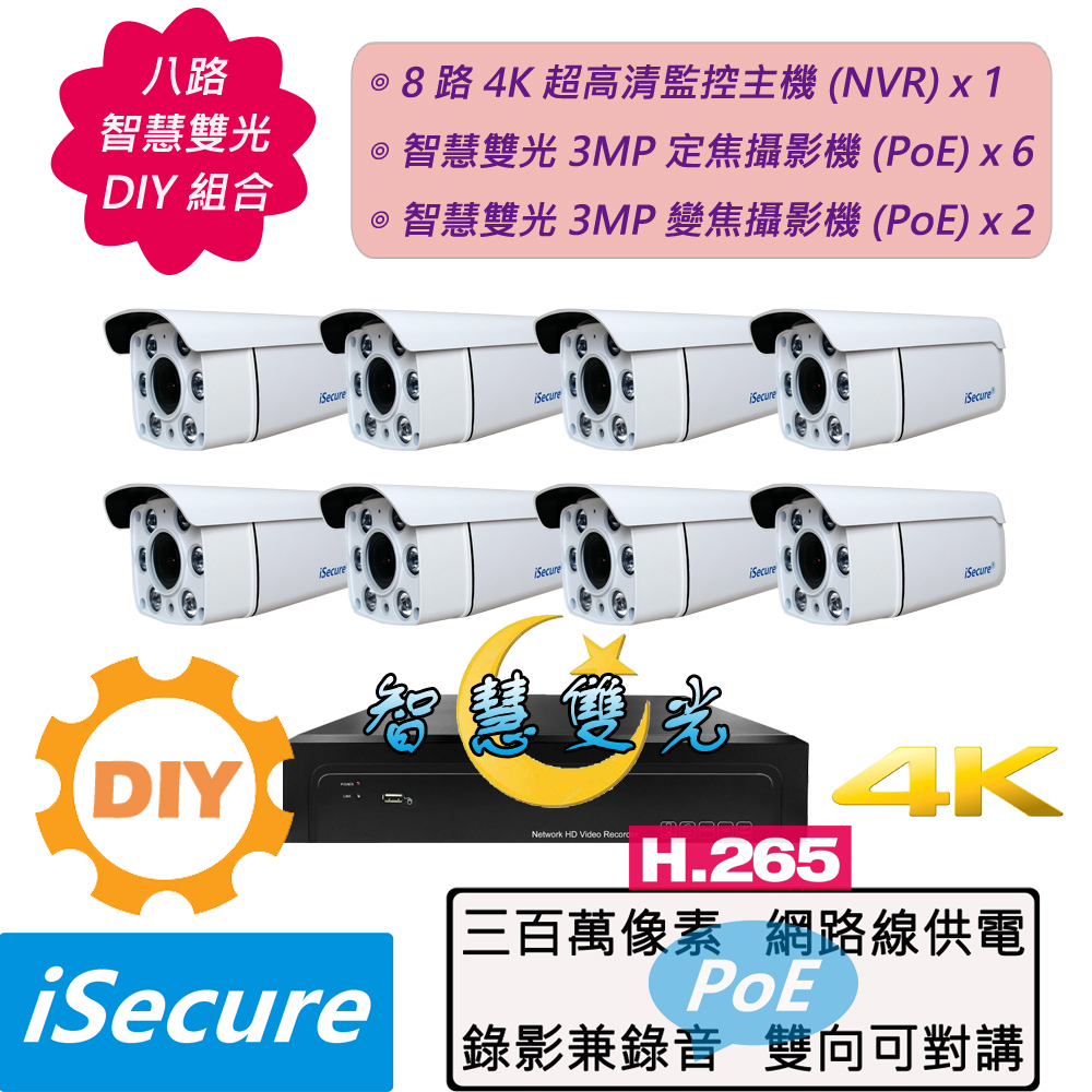 8路智慧雙光diy監視器組合:一部8路4k網路型監控主機+6部3mp定焦子彈型攝影機+2部3mp四倍變焦攝影機