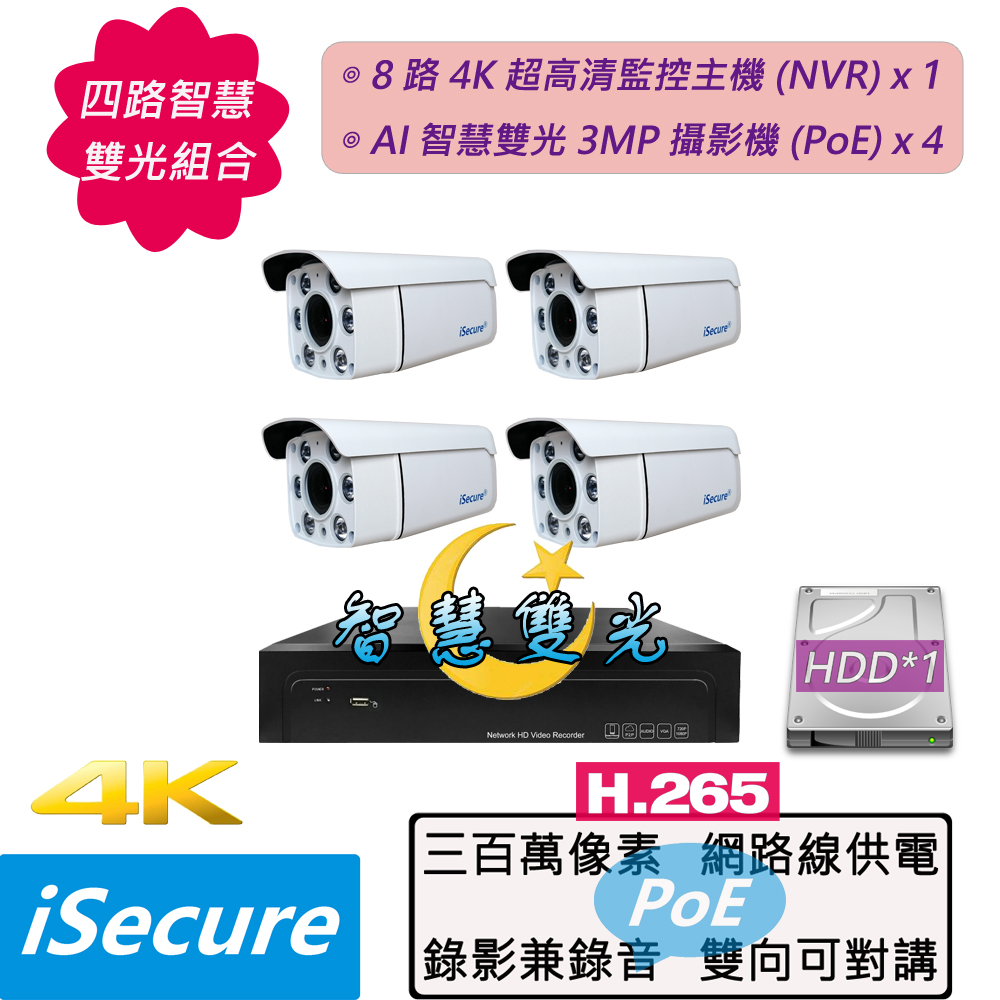 四路監視器組合:一部八路 4K 網路型監控主機 (NVR)+四部智慧雙光 3MP 子彈型攝影機 (PoE)