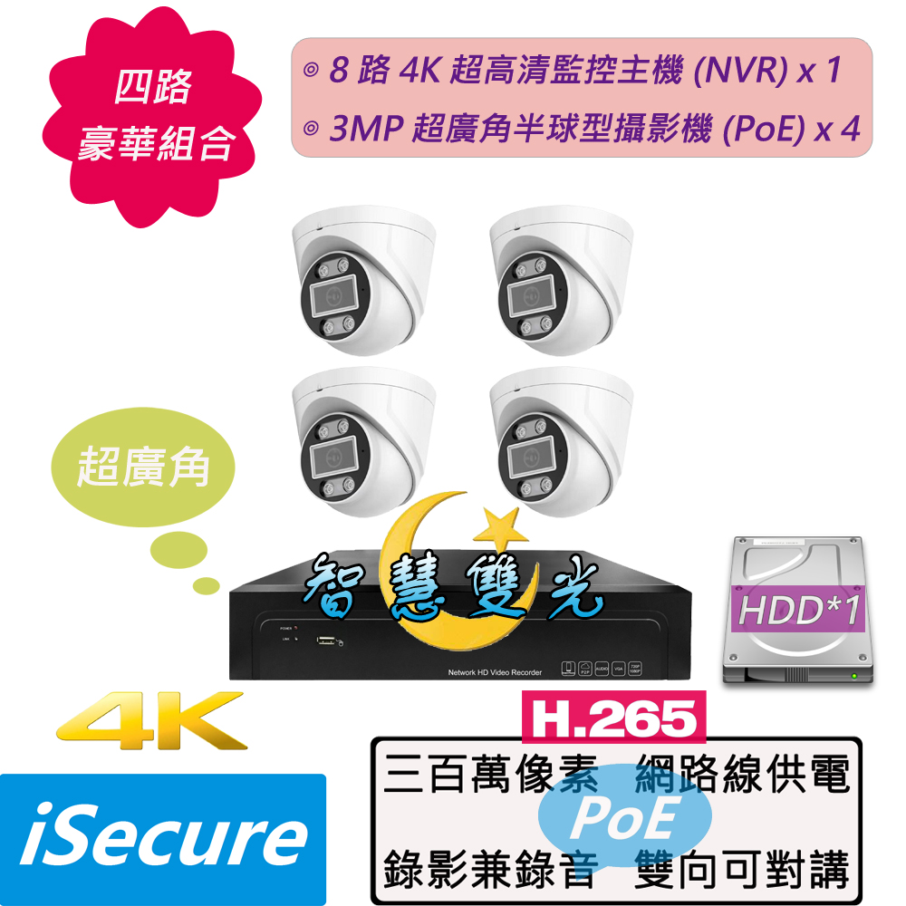 四路監視器組合:一部八路 4K 網路型監控主機 (NVR)+四部智慧雙光 3MP 半球型攝影機 (PoE)