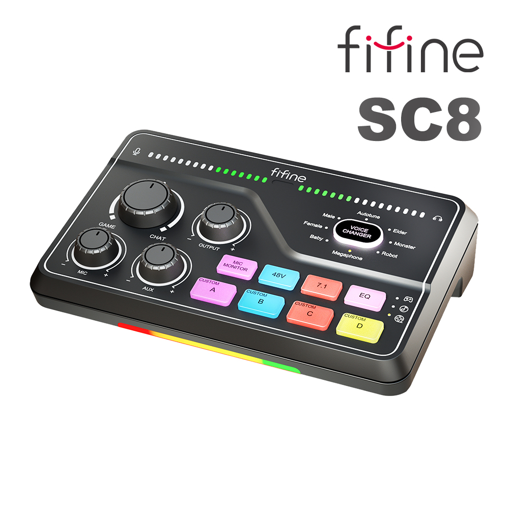 FIFINE SC8 RGB音訊混音器USB直播聲卡-黑色款