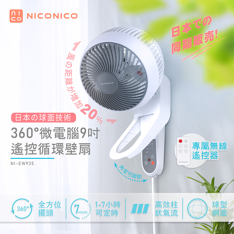 NICONICO 360度9吋微電腦遙控循環壁扇 NI-EW935