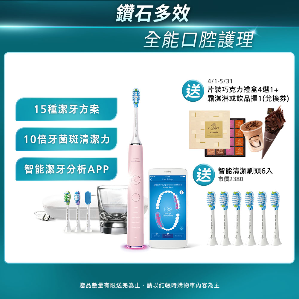 【PHILIPS 飛利浦】Sonicare DiamondClean Smart 鑽石靚白智慧音波震動牙刷HX9924/22 (典雅粉)