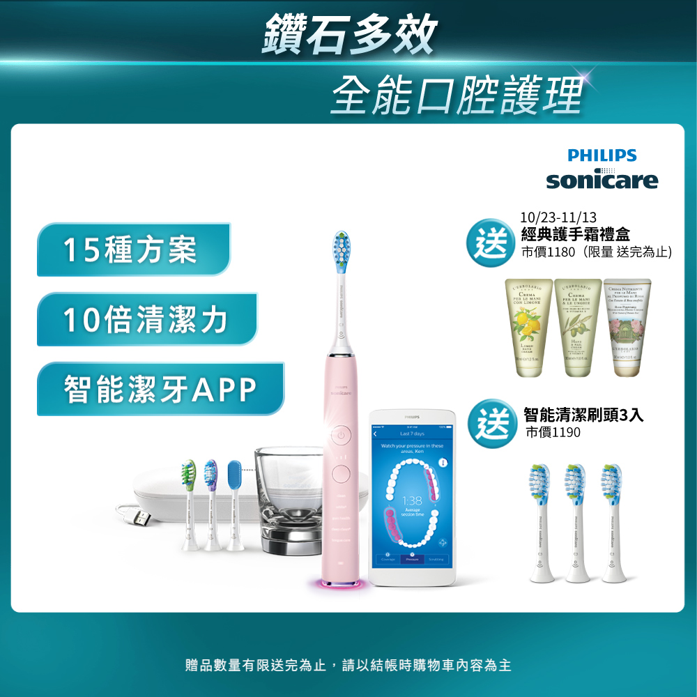 PHILIPS 飛利浦 官方直營 Sonicare Smart 鑽石靚白智能音波震動牙刷HX9924/22 (典雅粉)(電動牙刷)