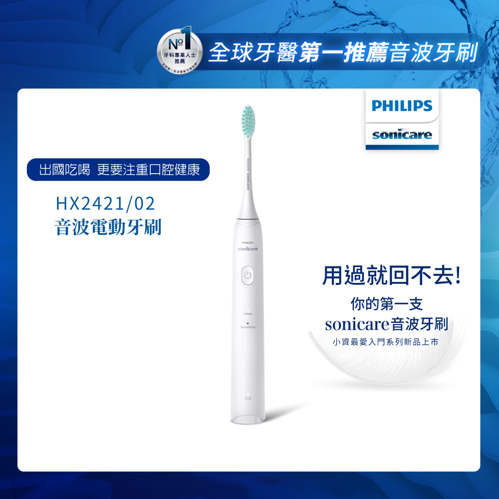 【PHILIPS 飛利浦】輕巧軟毛音波震動牙刷-輕羽白HX2421/02