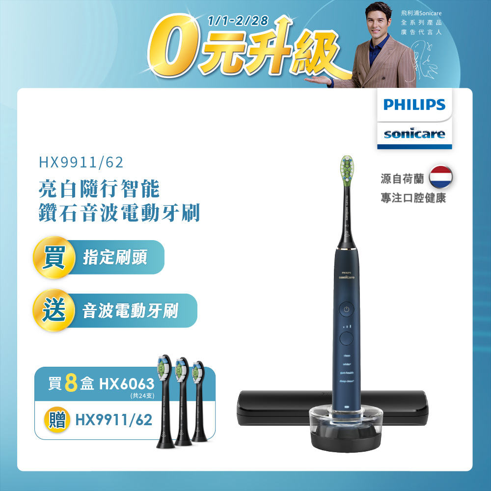 PHILIPS 飛利浦 買8盒刷頭-智能鑽石標準型刷頭(HX6063/96)+送音波牙刷/電動牙刷(HX9911/62)藍