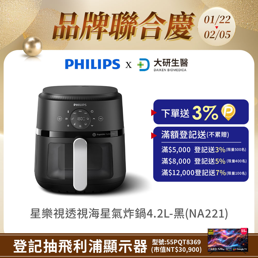 PHILIPS 飛利浦 星樂視透視海星氣炸鍋4.2L(NA221黑)