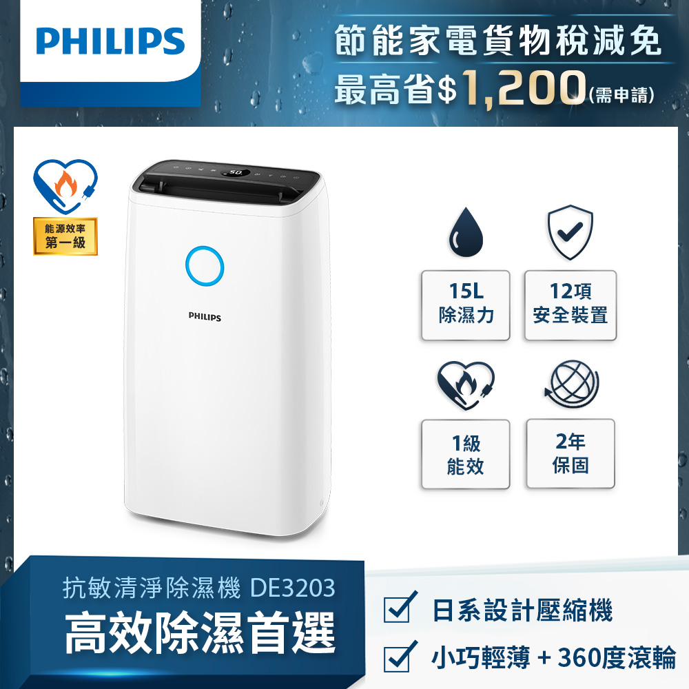 【飛利浦 PHILIPS】15公升一級能效除溼機-DE3203/81